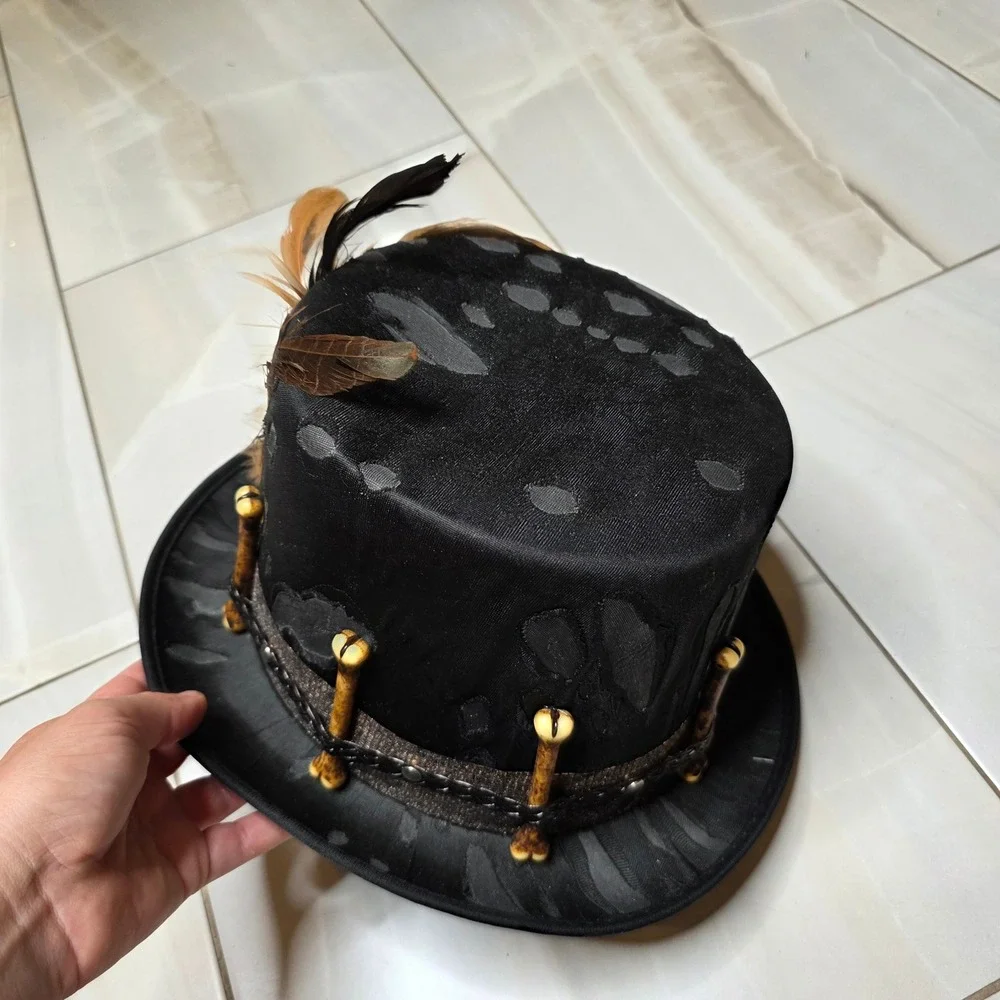 Spirit Halloween Voodoo Witch Doctor Top Hat Skull Bones Feathers Black 01433663